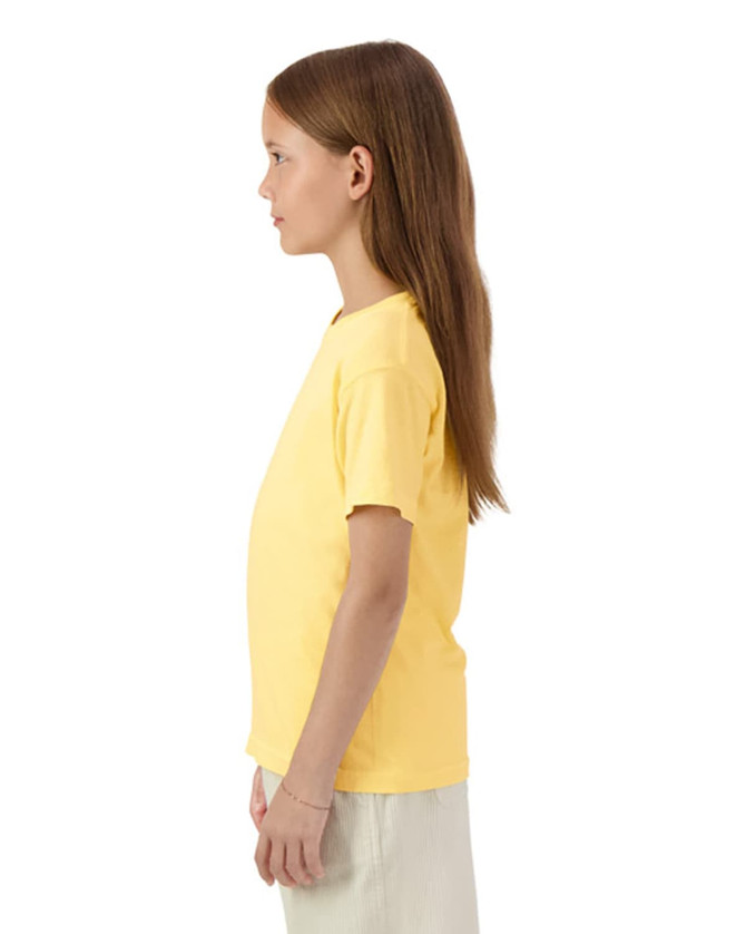 A yellow youth short sleeve t-shirt with a logo, displayed on a model from the side.
