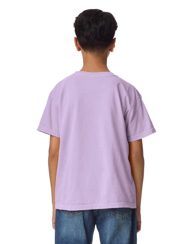 A youth short sleeve t-shirt in light purple, featuring a plain back design and relaxed fit. Includes a logo.