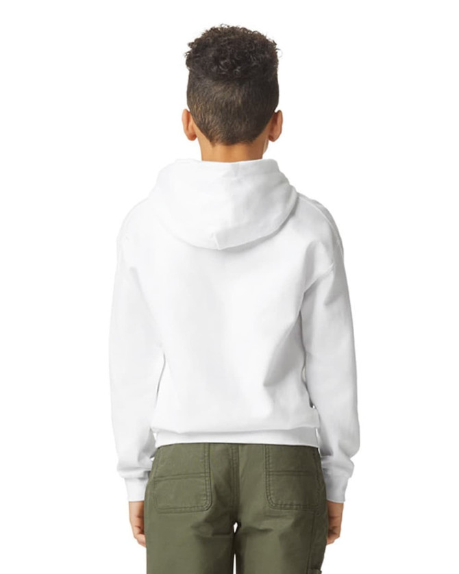 A white youth hooded sweatshirt with a pouch pocket and a logo on the back, featuring a relaxed fit.