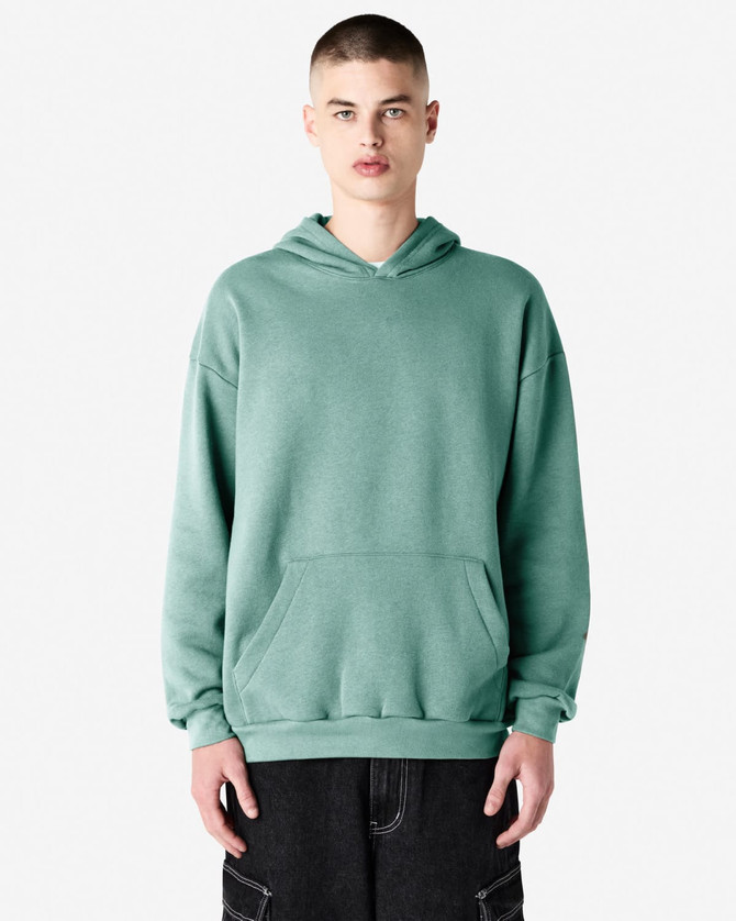 A unisex hooded sweatshirt in mint green with a front pocket and a brand logo.