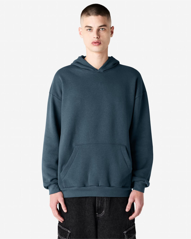 A unisex hooded sweatshirt in a deep blue colour, featuring a front pocket and a logo on the chest.