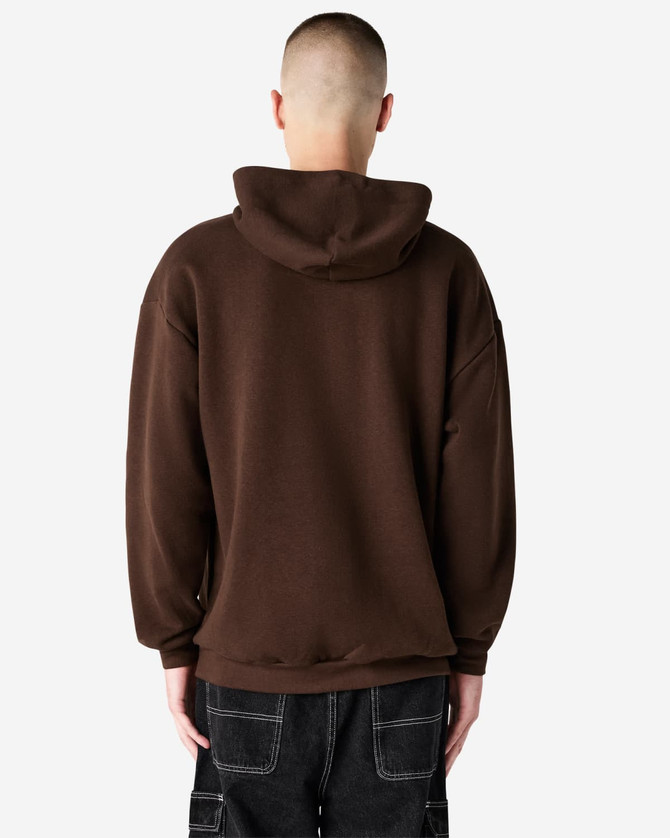 A unisex hooded sweatshirt in brown, featuring a spacious hood and a relaxed fit, with branding on the garment.