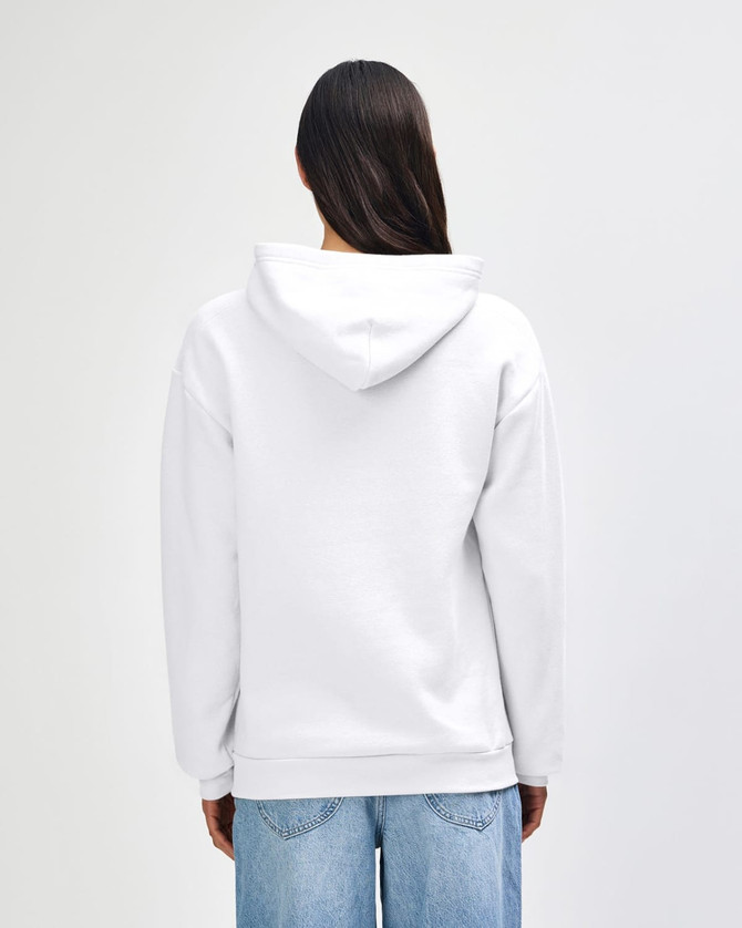 A unisex hooded sweatshirt in white, featuring a spacious hood and a back view of a model. It includes a logo.