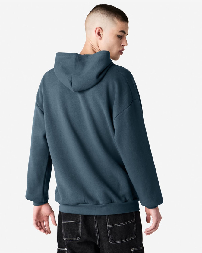 A unisex hooded sweatshirt in a blue hue, featuring a relaxed fit and a hood. It has a logo on the back.
