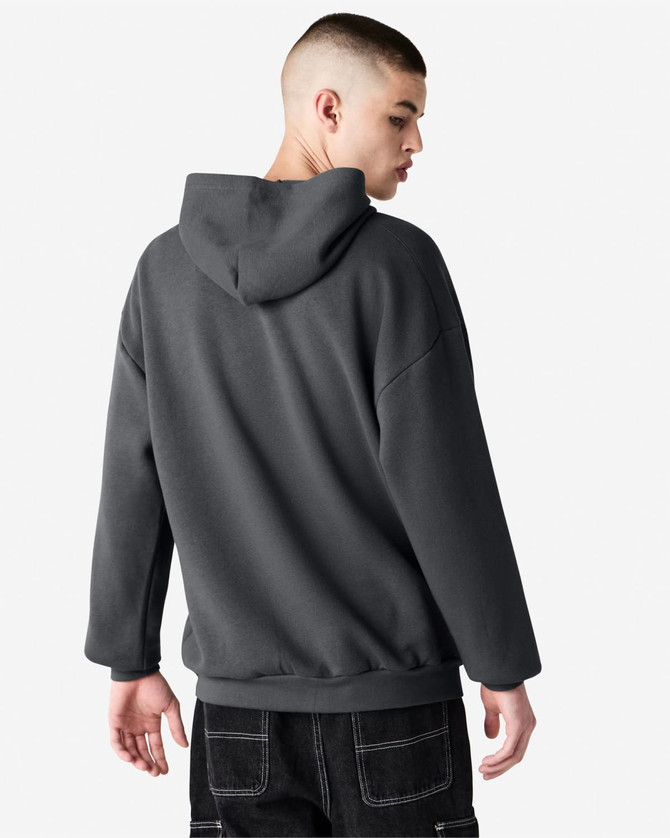 A unisex hooded sweatshirt in dark grey, featuring a relaxed fit and a hood at the back.