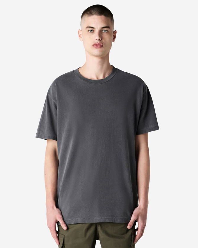 A grey heavyweight cotton T-shirt with a crew neck and short sleeves, featuring a logo.