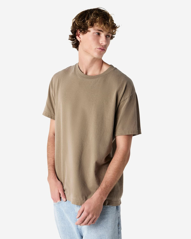 A unisex heavyweight cotton t-shirt in a muted brown colour, featuring a relaxed fit and short sleeves.
