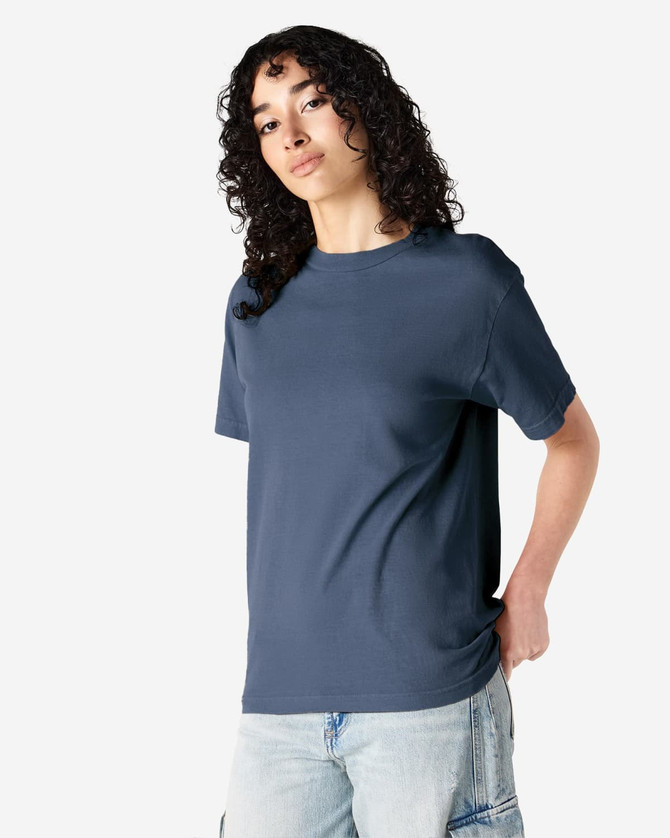 A unisex heavyweight cotton T-shirt in a deep navy colour with a relaxed fit and a logo.