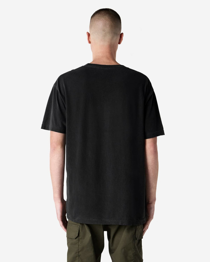 A black unisex heavyweight cotton t-shirt displayed from the back, featuring a simple design and a branding logo.