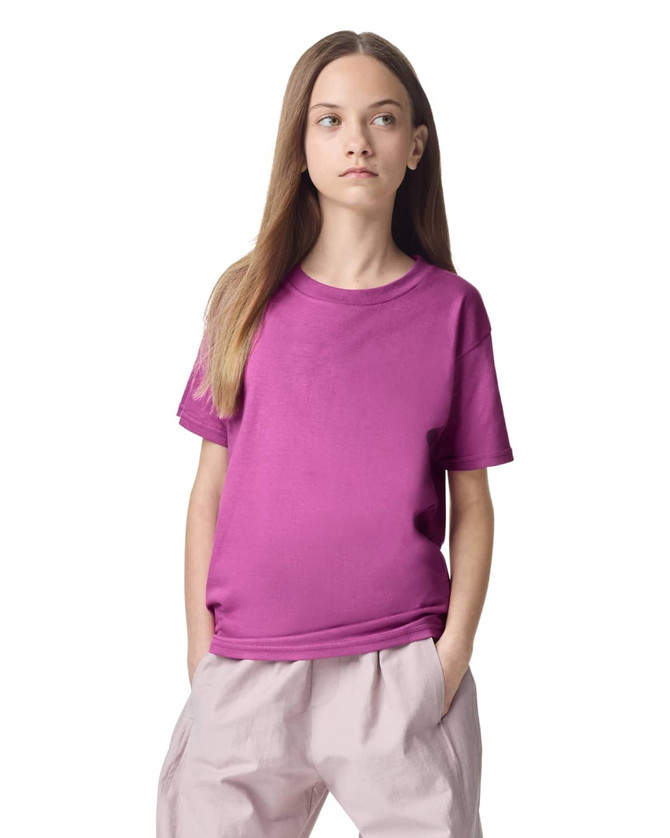 A youth t-shirt in a vibrant pink colour, featuring a classic design and a logo on the front.