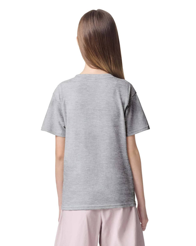 A grey youth t-shirt with short sleeves and a logo on the back.