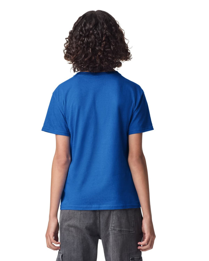 A blue youth t-shirt featuring a branding logo, shown from the back on a child with curly hair.