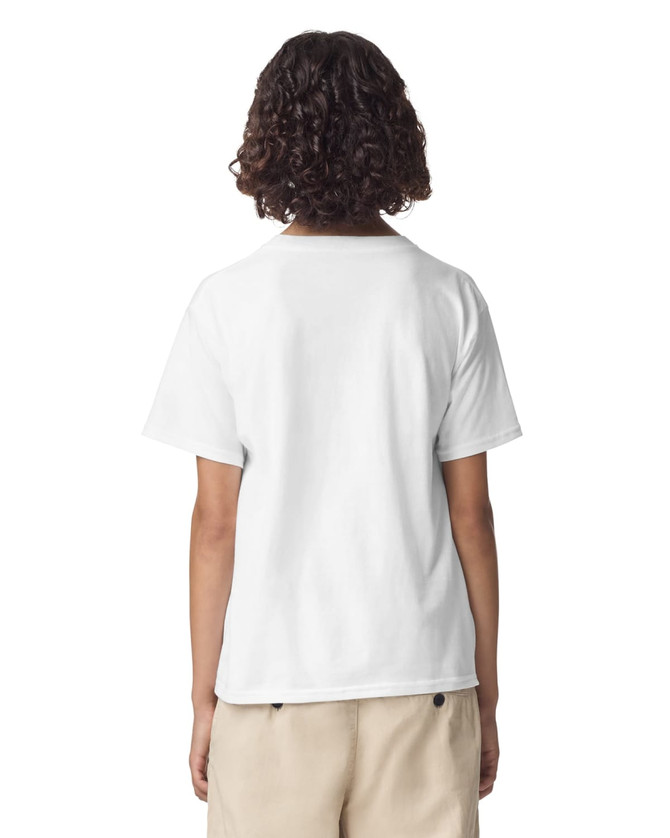 A white youth t-shirt featuring a back view and a logo. The fabric appears to be fine jersey.
