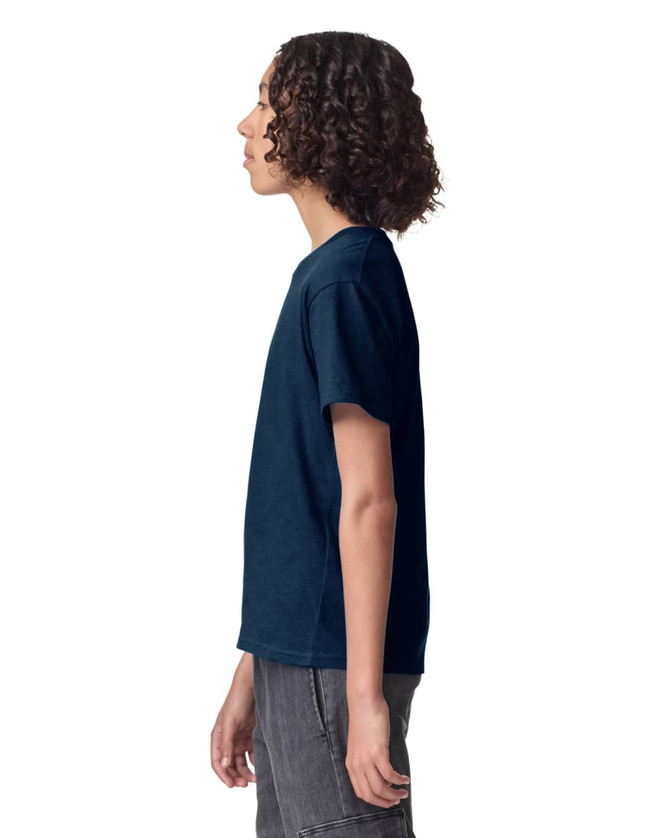 A side view of a navy blue youth T-shirt, featuring a simple design and a short sleeve style.