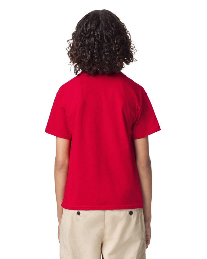 A red youth t-shirt with a round neck and short sleeves, featuring a logo on the back.