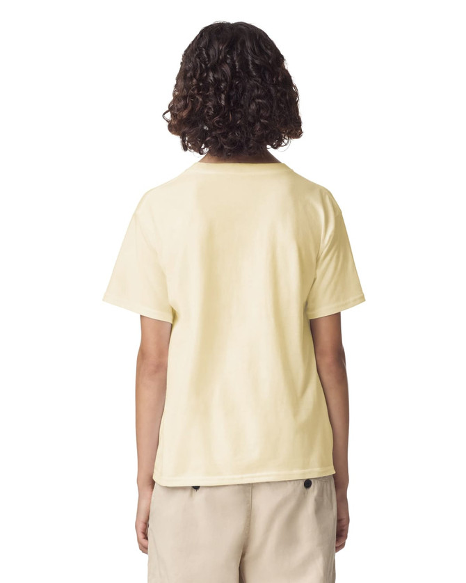 A yellow youth t-shirt with a simple design, featuring a logo on the back.