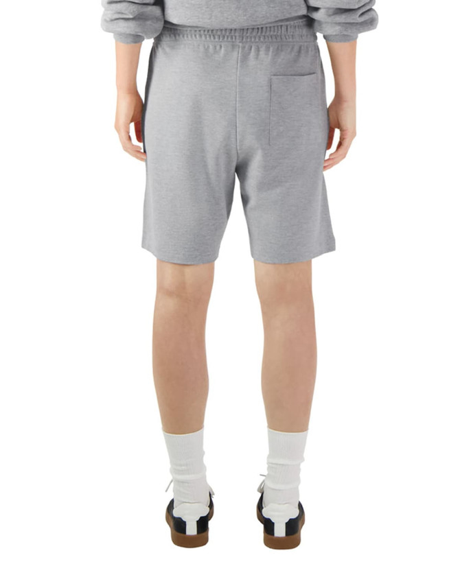 Grey unisex gym shorts with an elastic waistband and a back pocket, featuring a logo. 