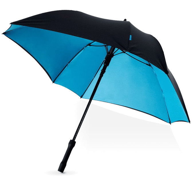 A square automatic umbrella featuring a black exterior and a vibrant blue interior, with a textured handle and branding.