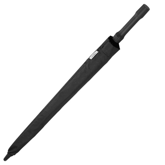 A black square automatic umbrella with a sturdy handle and a logo on the sleeve.