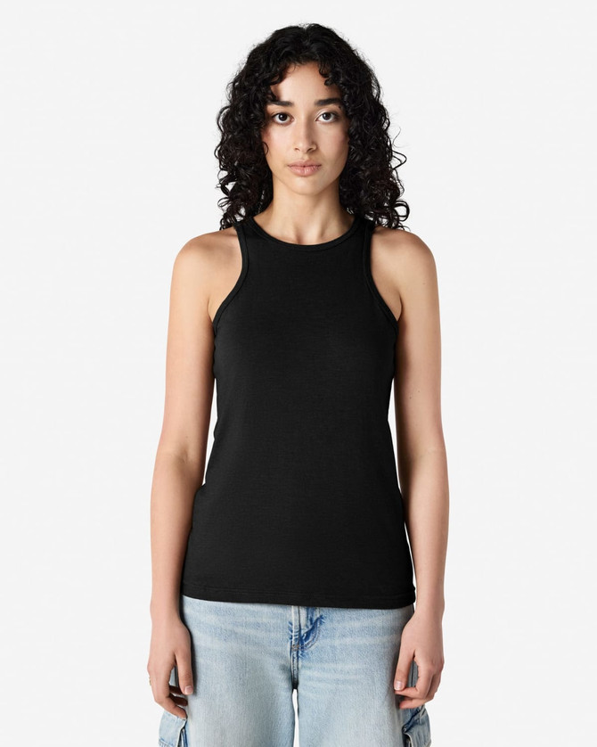 A black racerneck tank top for women with a fitted design and a logo. Ideal for casual wear.