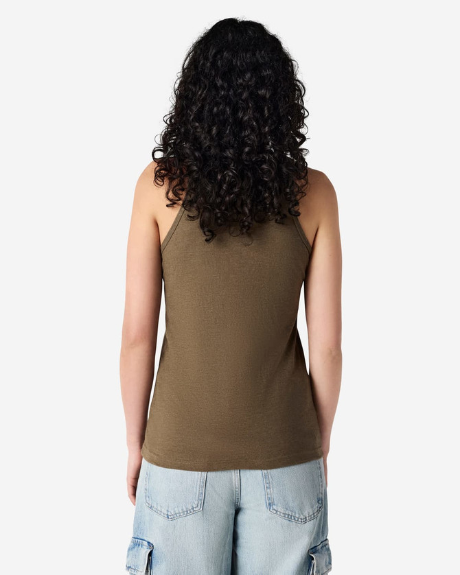 A women's racerneck tank top in olive green, featuring a fitted design and a logo on the back.