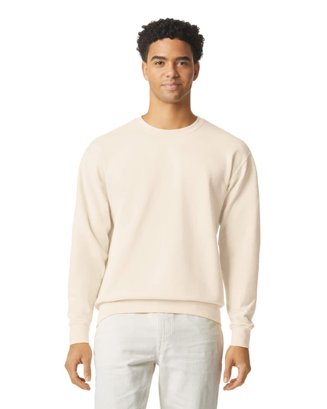 A lightweight crewneck sweatshirt in a neutral beige colour, featuring a minimalist design and a branded logo.