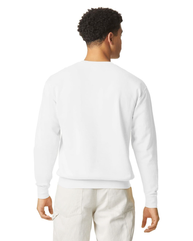 A lightweight crewneck sweatshirt in white, featuring a simple design and a back view of a model wearing it.