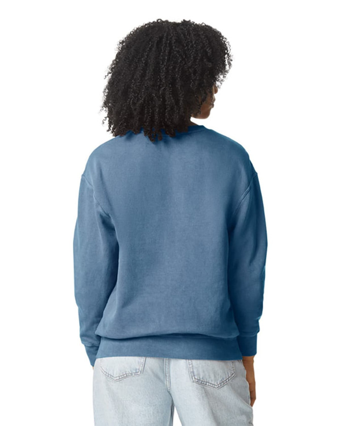 A blue crewneck sweatshirt viewed from the back, featuring a relaxed fit and long sleeves.