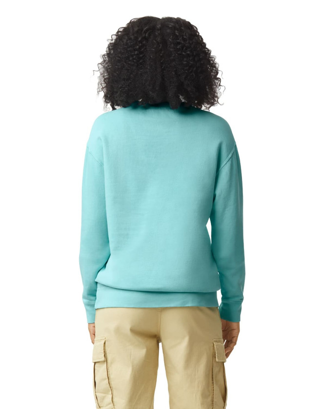 A lightweight crewneck sweatshirt in aqua, featuring a back view of the model wearing it. The design includes a logo.