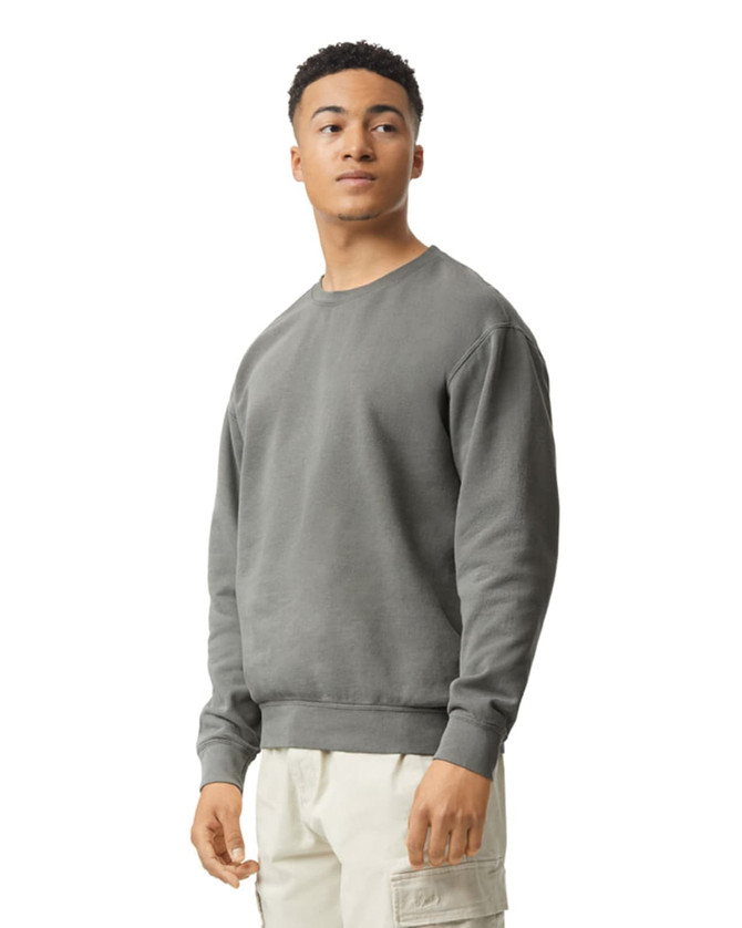 A lightweight crewneck sweatshirt in a muted grey colour. Features a simple design with a logo on the chest.