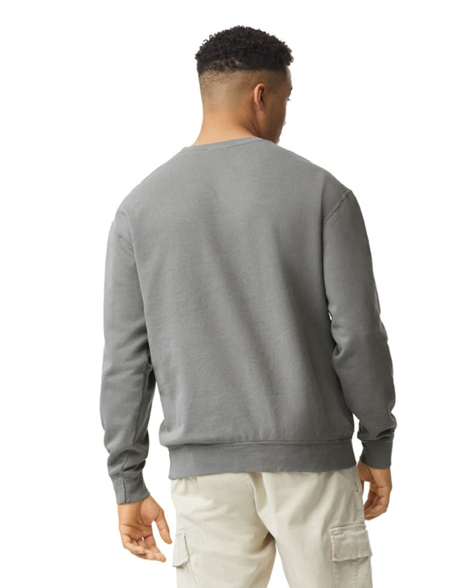 A grey lightweight crewneck sweatshirt with long sleeves, featuring a branded logo on the back.