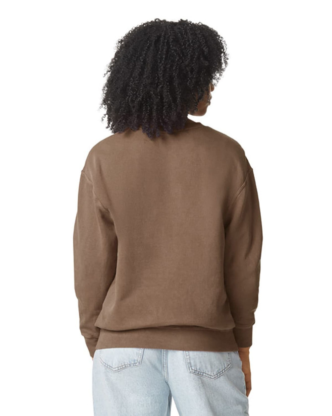A brown lightweight crewneck sweatshirt with a relaxed fit, featuring a logo on the back.