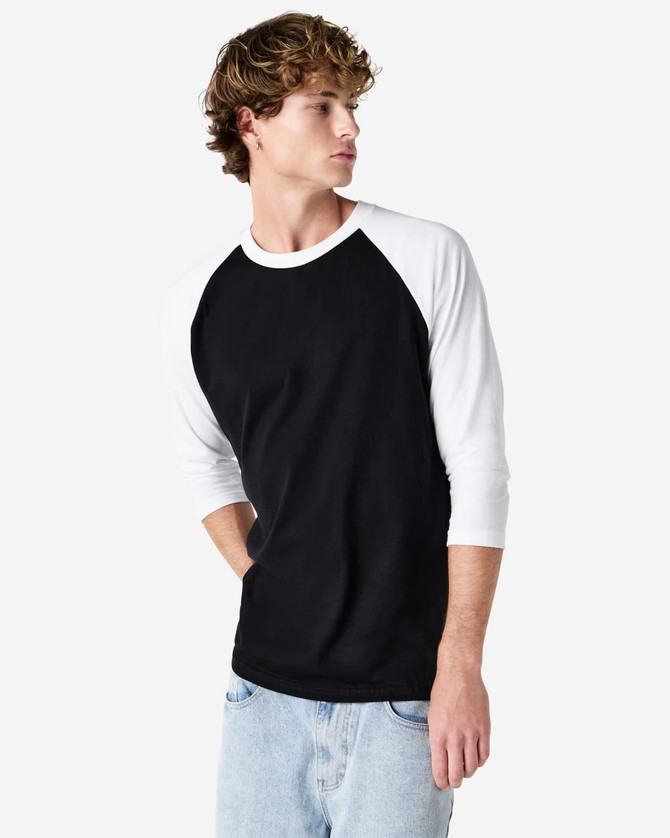 A black and white unisex raglan T-shirt featuring a logo. The shirt has three-quarter sleeves and a round neckline.