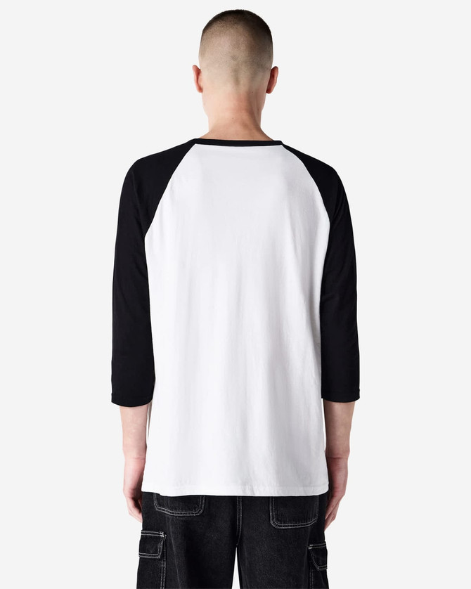 A unisex raglan T-shirt with white body and black sleeves, featuring a back view and a logo.