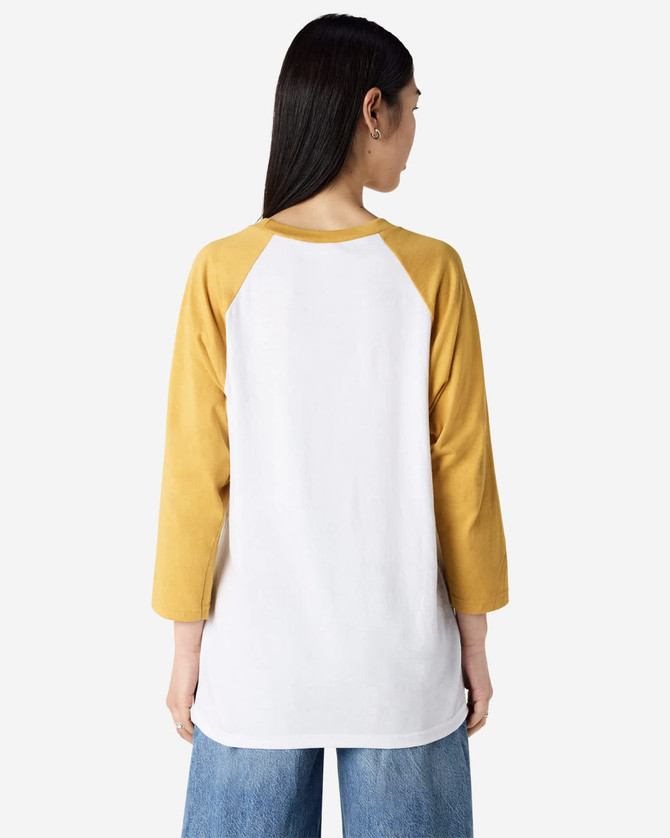 A unisex raglan T-shirt in white with yellow sleeves, featuring a logo on the back.