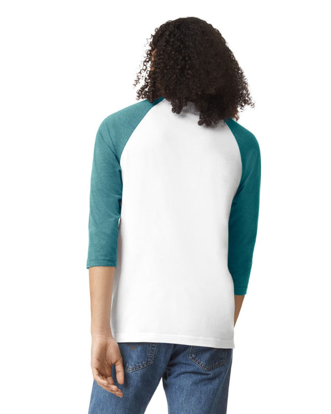 A unisex raglan T-shirt featuring a white body with teal three-quarter sleeves and a logo on the back.