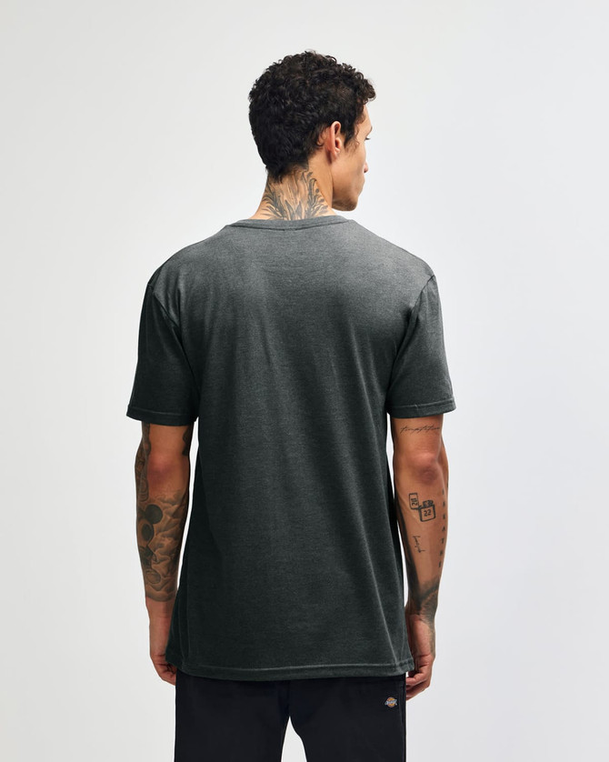 A unisex henley T-shirt in dark grey, featuring a plain back and casual fit. It includes a logo.
