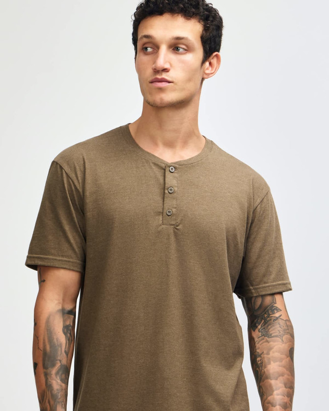 A unisex henley t-shirt in a muted brown colour, featuring a buttoned neck and short sleeves.