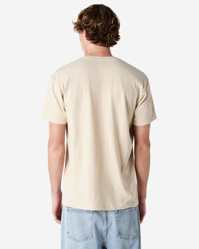A beige unisex Henley T-shirt with short sleeves and a simple design, featuring a logo on the back.
