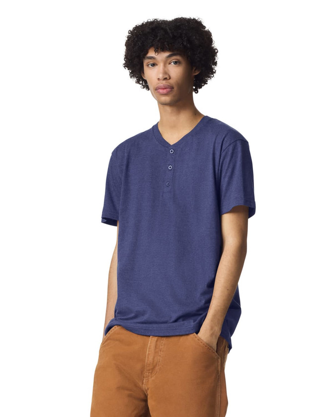A unisex henley T-shirt in navy blue, featuring a two-button placket and short sleeves, with a logo present.