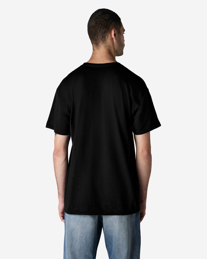 A black Gildan Light Cotton T-shirt displayed on a model from the back, paired with denim jeans.