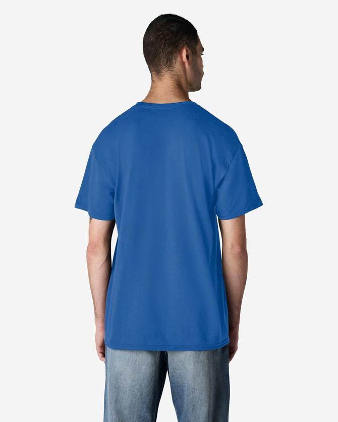 A blue Gildan Light Cotton T-Shirt displayed from the back. The shirt has a simple design and features a logo.