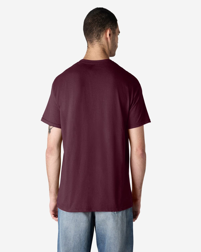 A maroon Gildan Light Cotton T-Shirt displayed from the back view, featuring a simple design and a visible logo.