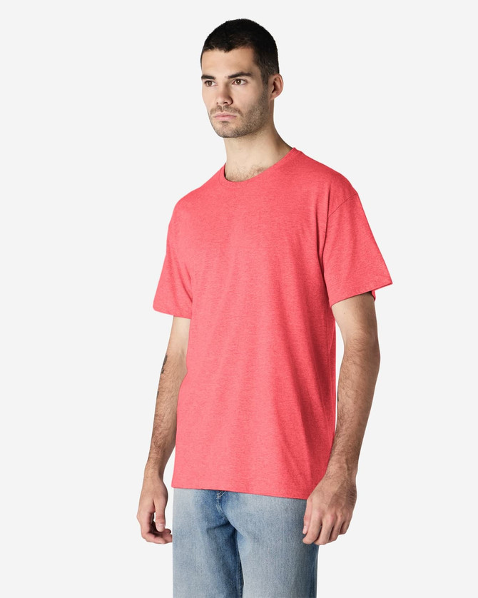 A red Gildan Light Cotton T-Shirt is displayed, worn by a man standing against a plain background.