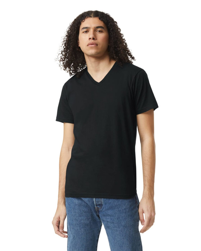 A black unisex V-neck T-shirt displayed on a model, featuring short sleeves and a logo.