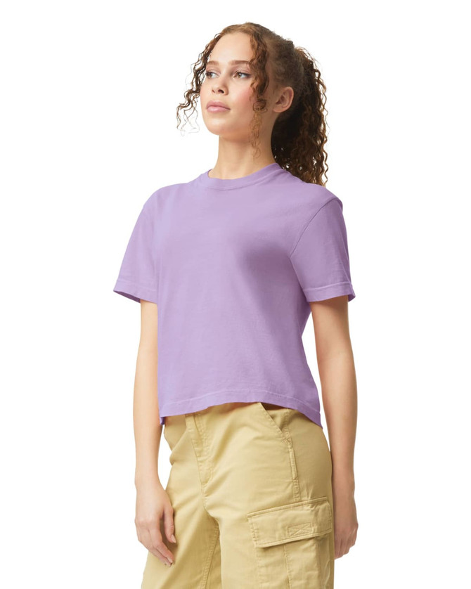 A purple heavyweight boxy T-shirt worn by a model, featuring a casual fit and short sleeves.