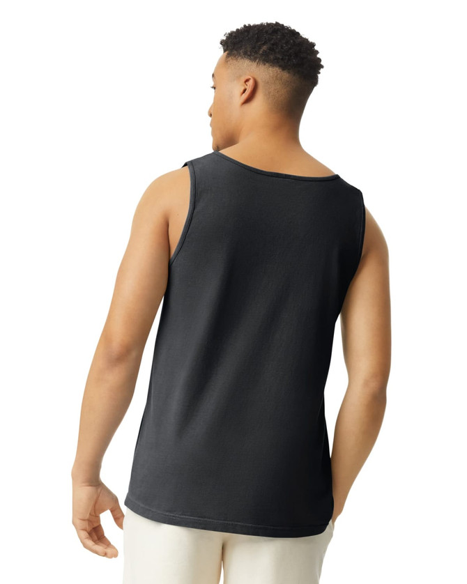 A black adult tank top, featuring a back view. The fabric appears soft, with a simple design and a logo.