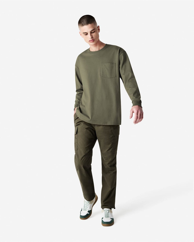 An olive green heavyweight long-sleeve t-shirt with a chest pocket, paired with matching olive green trousers.