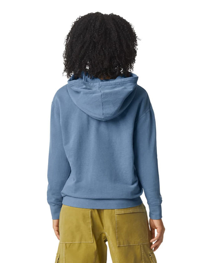 A lightweight hooded sweatshirt in blue, featuring a kangaroo pocket and a logo on the back.