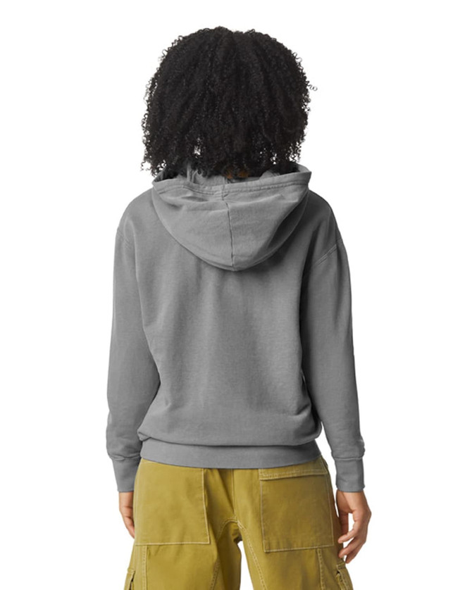 A grey lightweight hooded sweatshirt with a kangaroo pocket, featuring a logo on the back, paired with cargo pants.